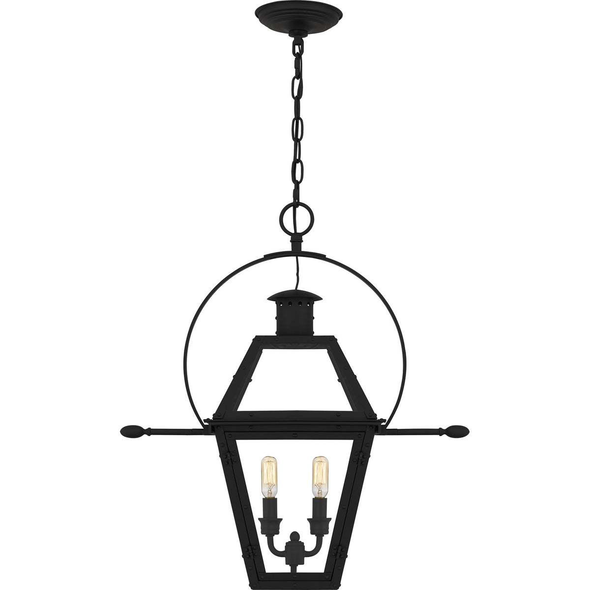 Quoizel Rue De Royal 21in 2-Light Outdoor Hanging Lantern | Traditional Earth Black Coastal Armour Steel and Clear Glass | Front | Model RO1911EK