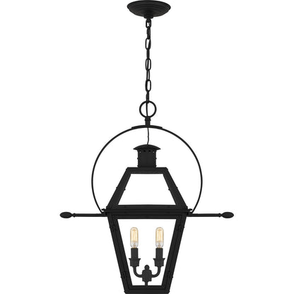 Quoizel Rue De Royal 21in 2-Light Outdoor Hanging Lantern | Traditional Earth Black Coastal Armour Steel and Clear Glass | Front | Model RO1911EK
