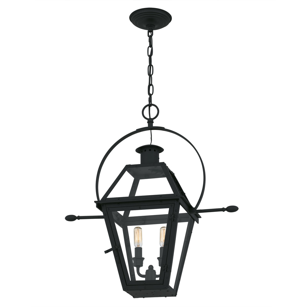 Quoizel Rue De Royal 21in 2-Light Outdoor Hanging Lantern | Traditional Earth Black Coastal Armour Steel and Clear Glass | Front | Model RO1911EK