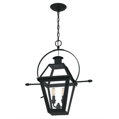 Quoizel Rue De Royal 21in 2-Light Outdoor Hanging Lantern | Traditional Earth Black Coastal Armour Steel and Clear Glass | Front | Model RO1911EK