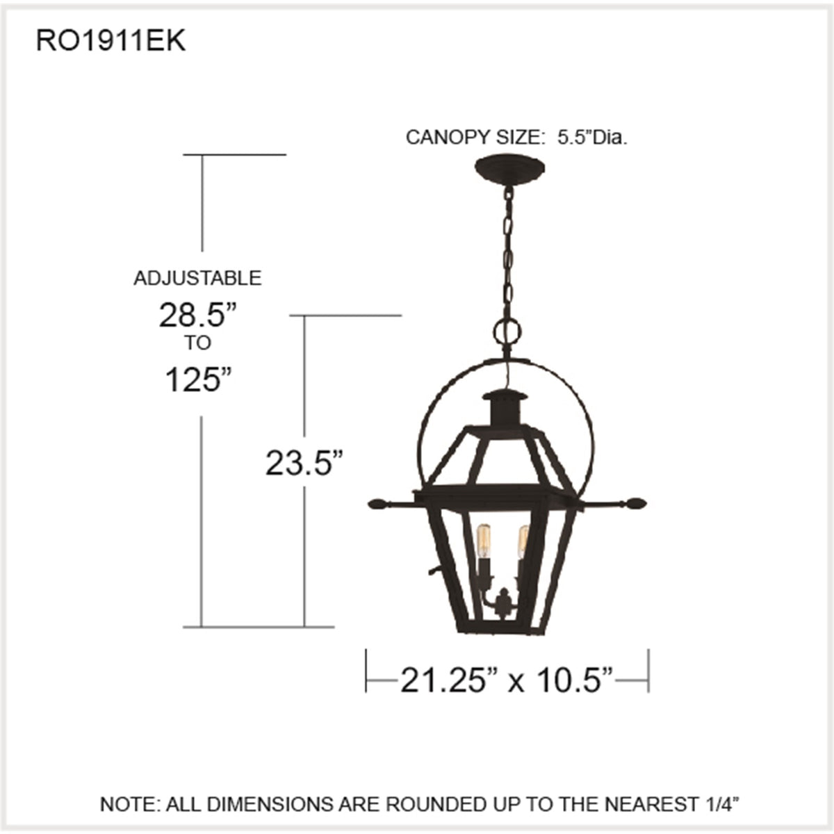 Quoizel Rue De Royal 21in 2-Light Outdoor Hanging Lantern | Traditional Earth Black Coastal Armour Steel and Clear Glass | Front | Model RO1911EK