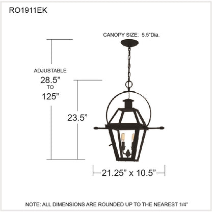 Quoizel Rue De Royal 21in 2-Light Outdoor Hanging Lantern | Traditional Earth Black Coastal Armour Steel and Clear Glass | Front | Model RO1911EK