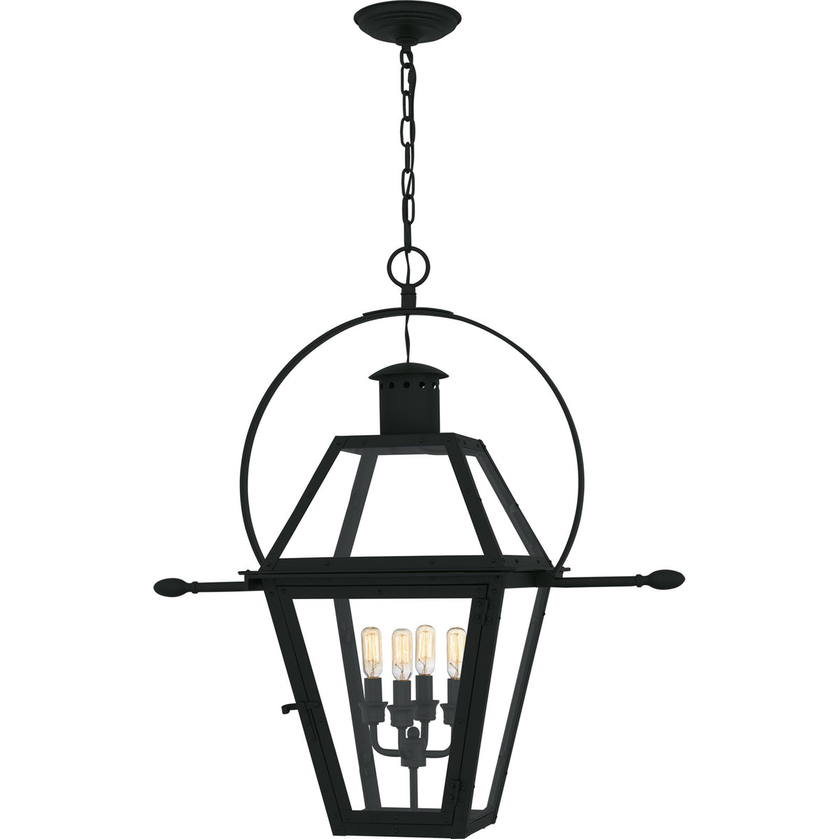 Quoizel Rue De Royal 27in 4-Light Outdoor Hanging Lantern | Traditional Earth Black Coastal Armour Steel and Clear Glass | Front | Model RO1914EK