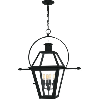 Quoizel Rue De Royal 27in 4-Light Outdoor Hanging Lantern | Traditional Earth Black Coastal Armour Steel and Clear Glass | Front | Model RO1914EK
