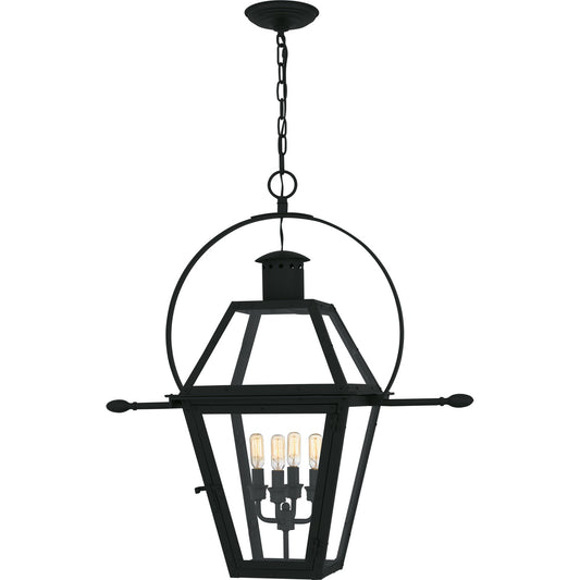 Quoizel Rue De Royal 27in 4-Light Outdoor Hanging Lantern | Traditional Earth Black Coastal Armour Steel and Clear Glass | Front | Model RO1914EK