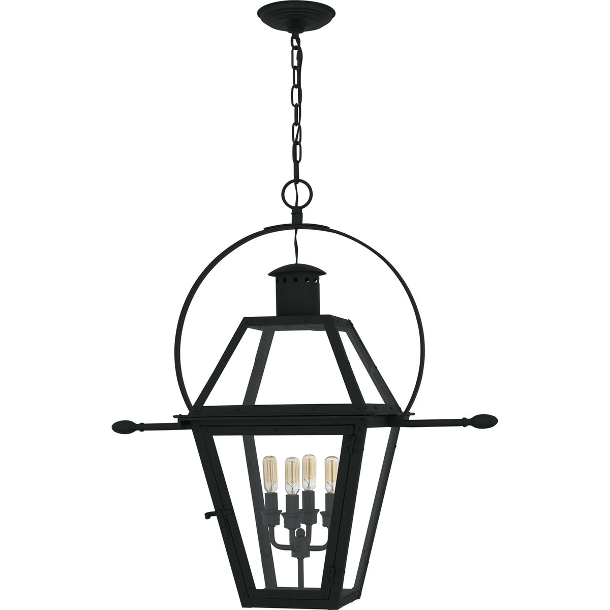 Quoizel Rue De Royal 27in 4-Light Outdoor Hanging Lantern | Traditional Earth Black Coastal Armour Steel and Clear Glass | Front | Model RO1914EK