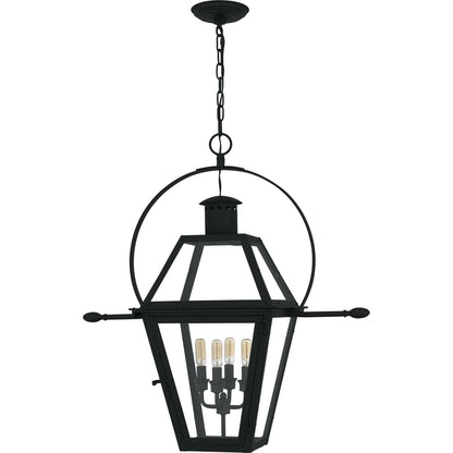 Quoizel Rue De Royal 27in 4-Light Outdoor Hanging Lantern | Traditional Earth Black Coastal Armour Steel and Clear Glass | Front | Model RO1914EK