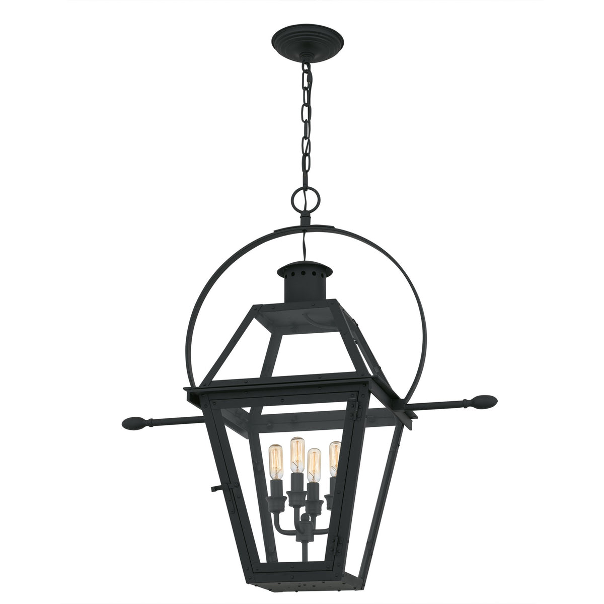Quoizel Rue De Royal 27in 4-Light Outdoor Hanging Lantern | Traditional Earth Black Coastal Armour Steel and Clear Glass | Front | Model RO1914EK