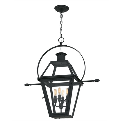 Quoizel Rue De Royal 27in 4-Light Outdoor Hanging Lantern | Traditional Earth Black Coastal Armour Steel and Clear Glass | Front | Model RO1914EK