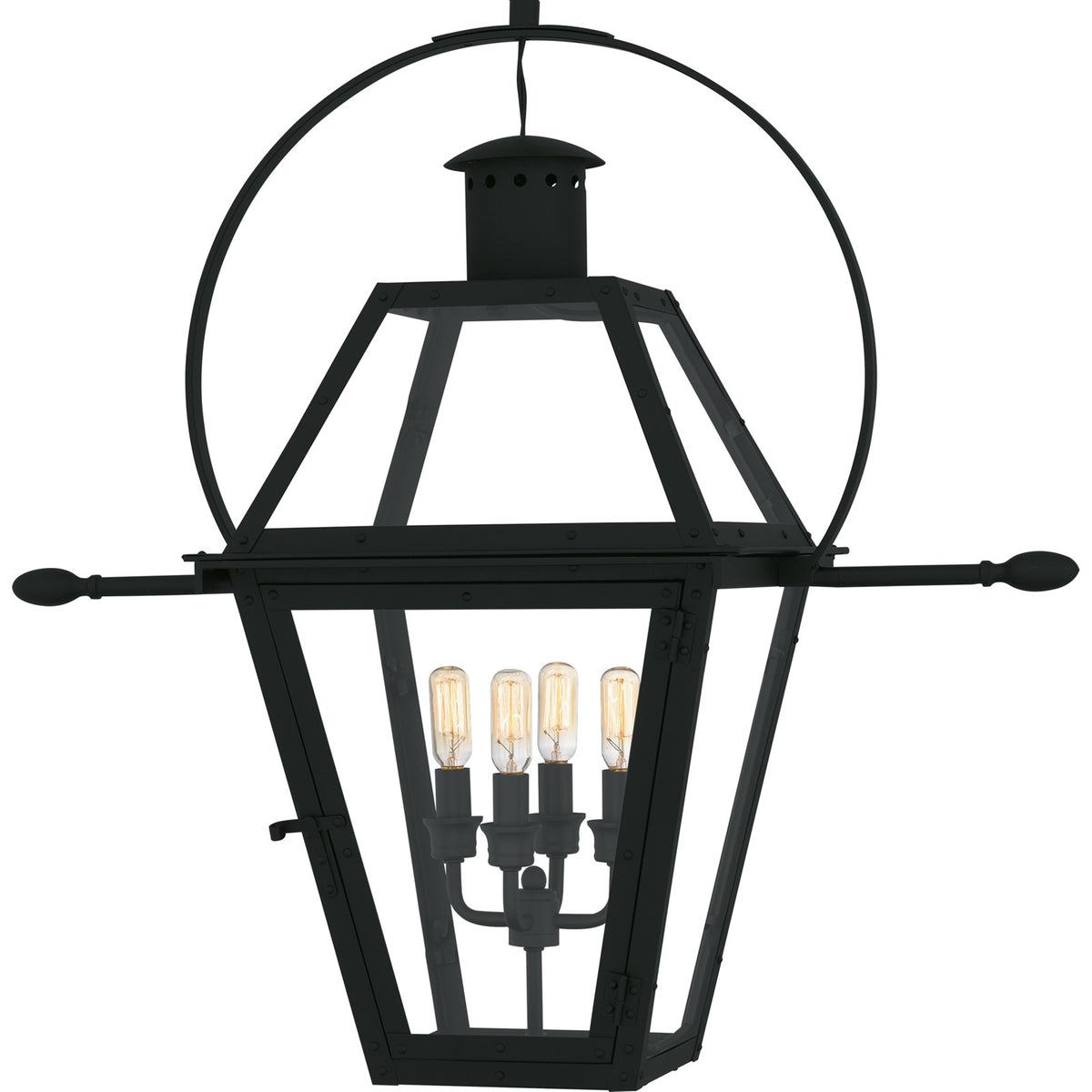 Quoizel Rue De Royal 27in 4-Light Outdoor Hanging Lantern | Traditional Earth Black Coastal Armour Steel and Clear Glass | Front | Model RO1914EK
