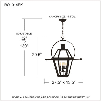 Quoizel Rue De Royal 27in 4-Light Outdoor Hanging Lantern | Traditional Earth Black Coastal Armour Steel and Clear Glass | Front | Model RO1914EK
