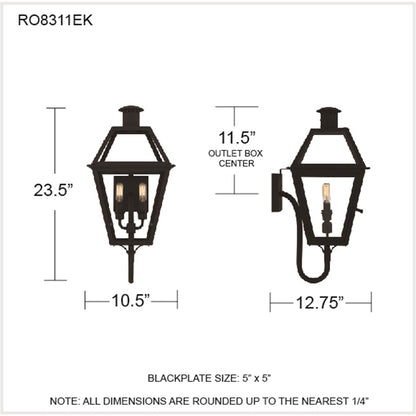 Quoizel Rue De Royal 24in 2-Light Outdoor Lantern | Traditional Earth Black and Clear Glass | Entryway & Porch | Model RO8311EK