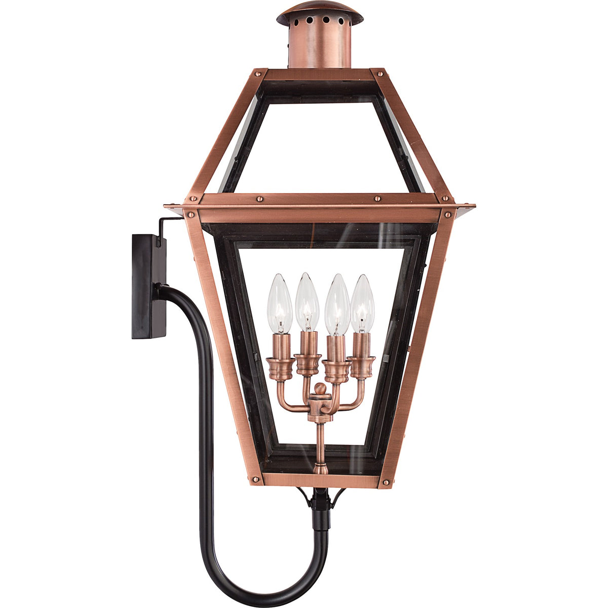 Quoizel Rue De Royal 16in 4-Light Outdoor Lantern | Traditional Aged Copper and Clear Glass | Front Porch & Patio | Model RO8414AC