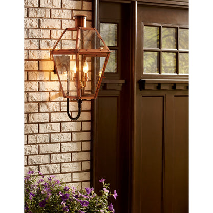 Quoizel Rue De Royal 16in 4-Light Outdoor Lantern | Traditional Aged Copper and Clear Glass | Front Porch & Patio | Model RO8414AC