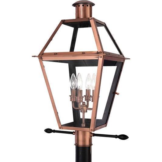 Quoizel Rue De Royal 18in 4-Light Outdoor Lantern | Traditional Aged Copper and Clear Glass | Front Porch & Entryway | Model RO9014AC