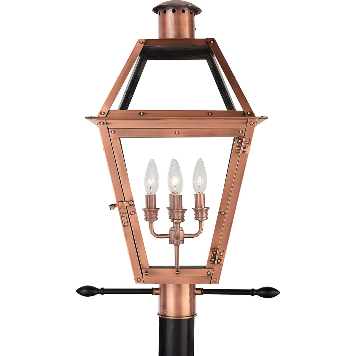 Quoizel Rue De Royal 18in 4-Light Outdoor Lantern | Traditional Aged Copper and Clear Glass | Front Porch & Entryway | Model RO9014AC