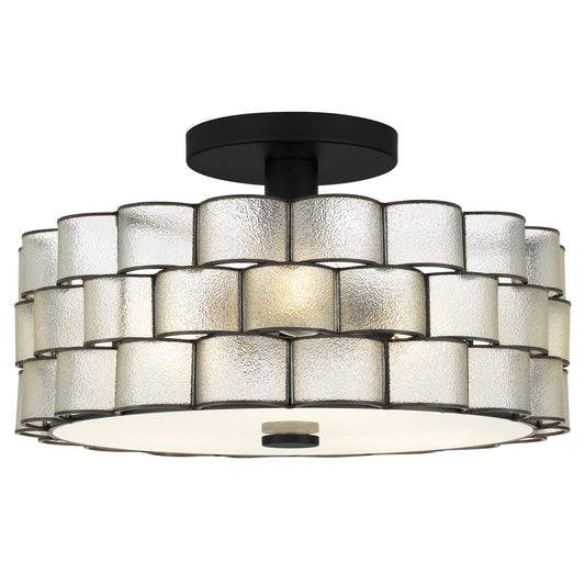 Quoizel Rory 16in 3-Light Semi-Flush Mount | Traditional Matte Black and Clear Wrinkle Glass | Entryway & Hallway | Model RORY1716MBK