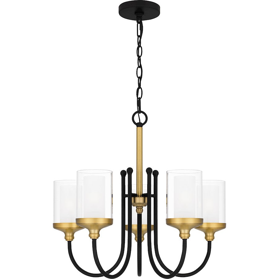 Quoizel Rowland 5 Light Chandelier, Matte Black/Clear/Sandblasted