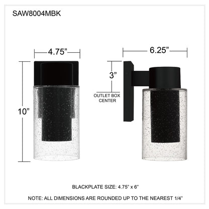 Quoizel Sawyer 5in 1-Light Outdoor Wall Sconce | Modern Matte Black and Clear Seedy Glass | Front Door & Porch | Model SAW8004MBK