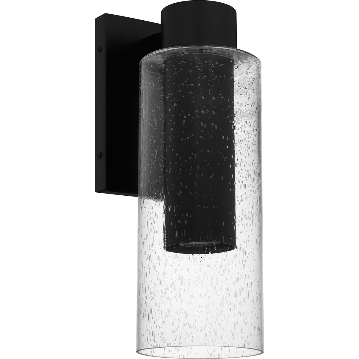 Quoizel Sawyer 15in 1-Light Outdoor Wall Sconce | Modern Matte Black and Clear Seedy Glass | Front Door & Porch | 5.25 x 7 x 15 in | Model SAW8005MBK