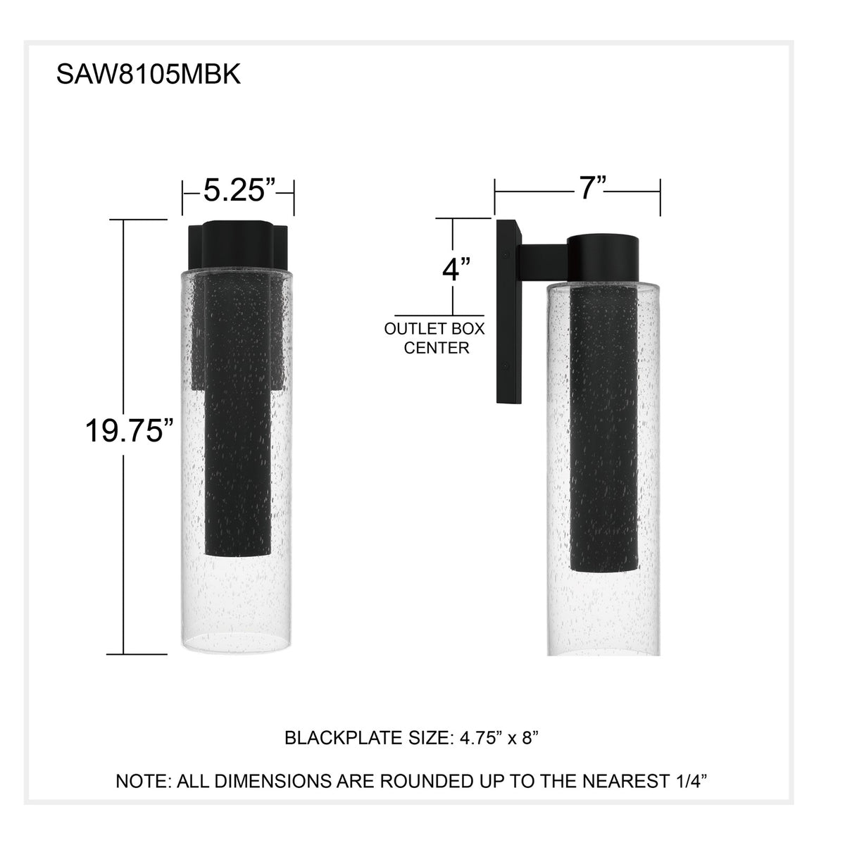 Quoizel Sawyer 19in 1-Light Outdoor Wall Sconce | Modern Matte Black and Clear Seedy Glass | Front Door & Porch | Model SAW8105MBK