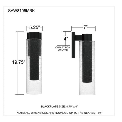 Quoizel Sawyer 19in 1-Light Outdoor Wall Sconce | Modern Matte Black and Clear Seedy Glass | Front Door & Porch | Model SAW8105MBK