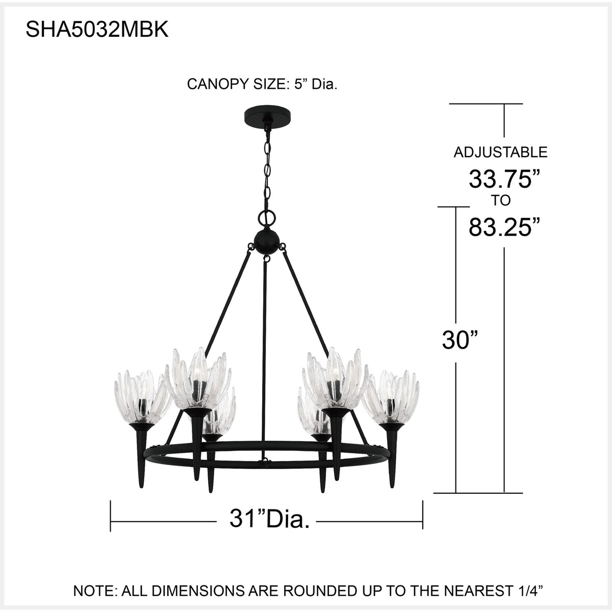 Quoizel Shea 31in 6-Light Chandelier | Traditional Matte Black and Clear Glass | Dining Room & Foyer | 31 x 31 x 30 in | Model SHA5032MBK