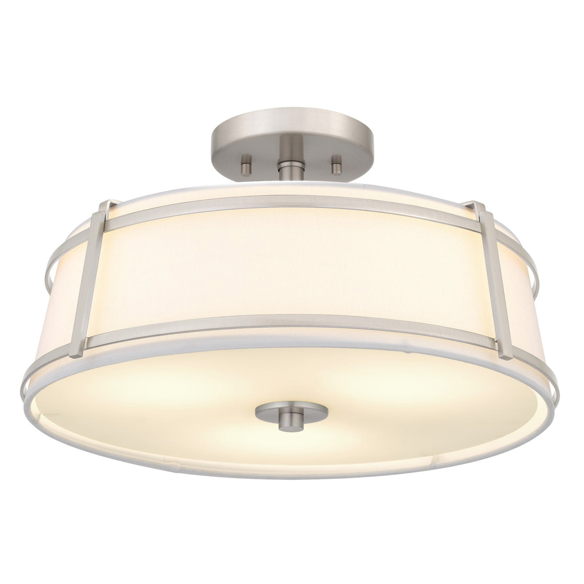 Quoizel Sloane 16in 3-Light Semi-Flush Mount | Brushed Nickel Steel and White Fabric Shade | Bedroom & Hallway | 16 x 16 x 9.25 in | Model SLN1716BN