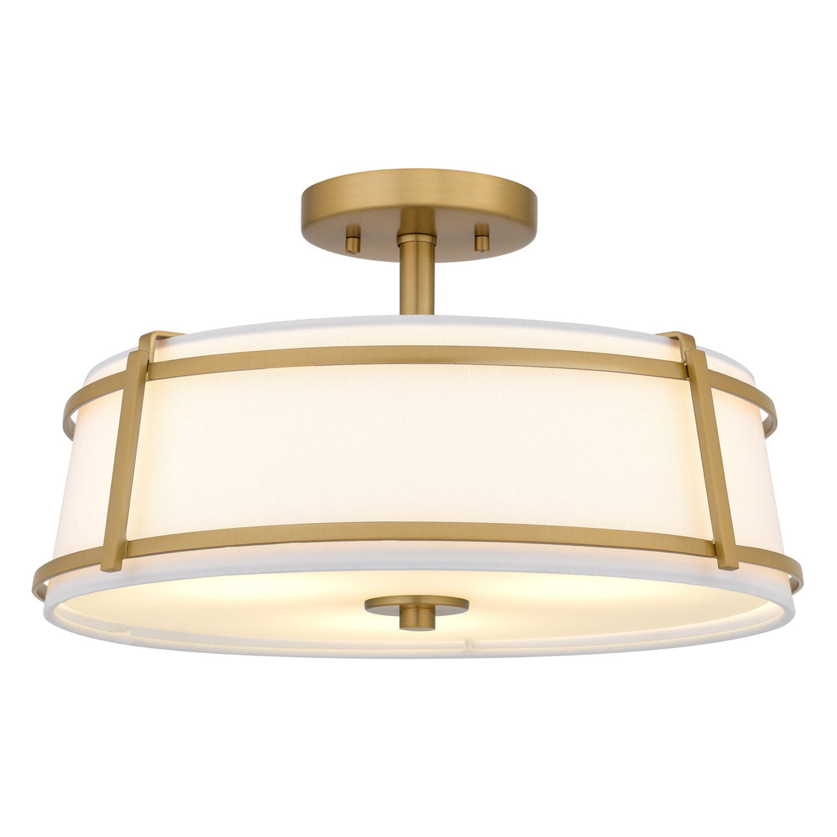 Quoizel Sloane 16in 3-Light Semi-Flush Mount | Brushed Gold Steel and White Fabric Shade | Bedroom & Hallway | 16 x 16 x 9.25 in | Model SLN1716BRG