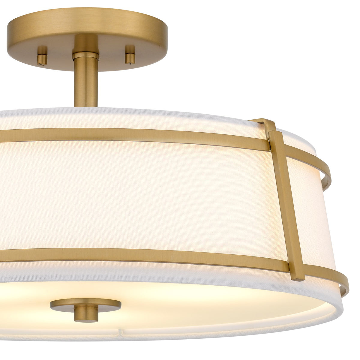 Quoizel Sloane 16in 3-Light Semi-Flush Mount | Brushed Gold Steel and White Fabric Shade | Bedroom & Hallway | 16 x 16 x 9.25 in | Model SLN1716BRG