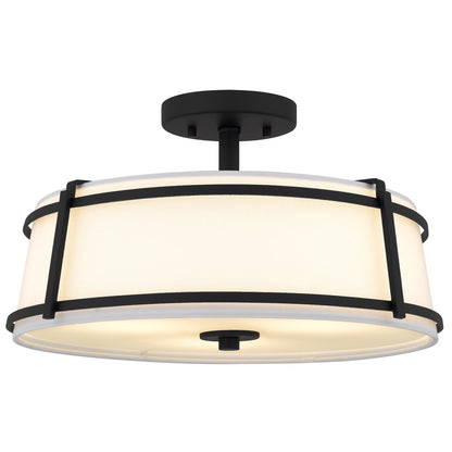 Quoizel Sloane 16in 3-Light Semi-Flush Mount | Matte Black Steel and White Fabric Shade | Bedroom & Hallway | 16 x 16 x 9.25 in | Model SLN1716MBK