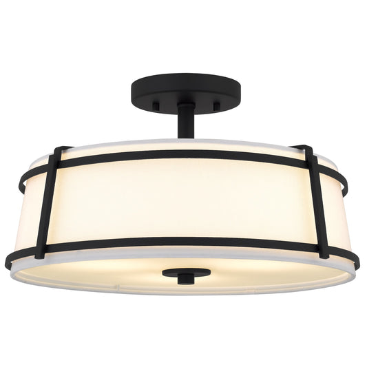 Quoizel Sloane 16in 3-Light Semi-Flush Mount | Matte Black Steel and White Fabric Shade | Bedroom & Hallway | 16 x 16 x 9.25 in | Model SLN1716MBK