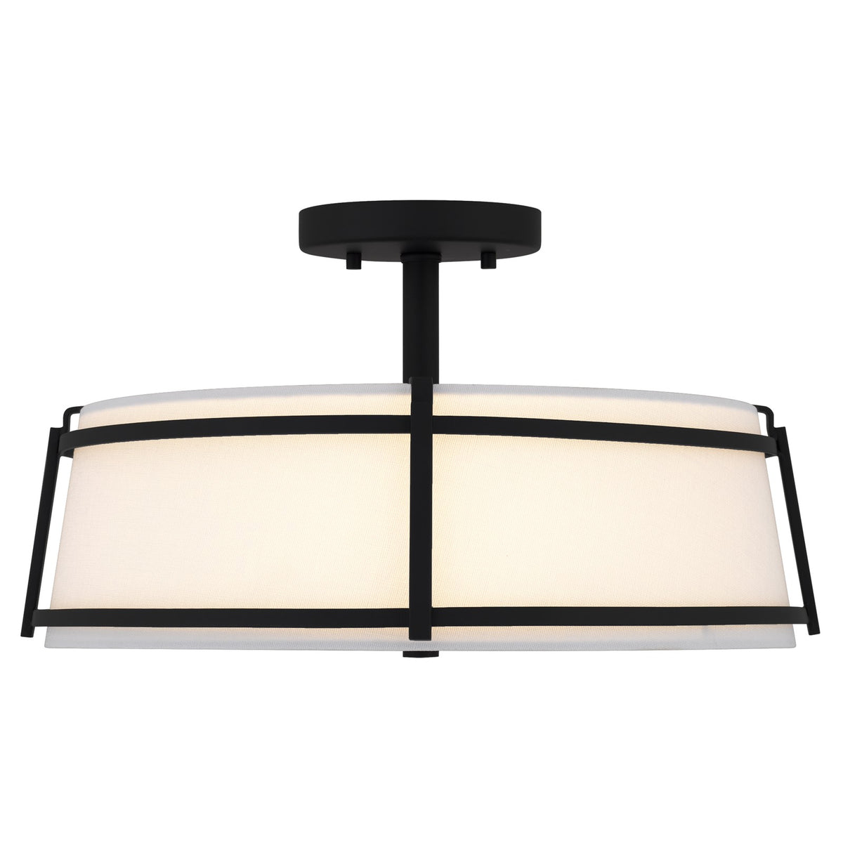 Quoizel Sloane 16in 3-Light Semi-Flush Mount | Matte Black Steel and White Fabric Shade | Bedroom & Hallway | 16 x 16 x 9.25 in | Model SLN1716MBK