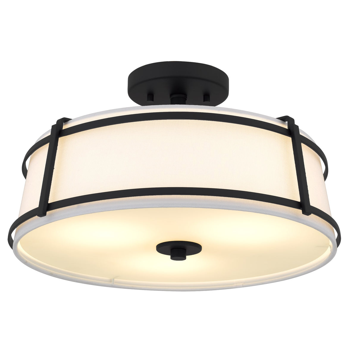 Quoizel Sloane 16in 3-Light Semi-Flush Mount | Matte Black Steel and White Fabric Shade | Bedroom & Hallway | 16 x 16 x 9.25 in | Model SLN1716MBK
