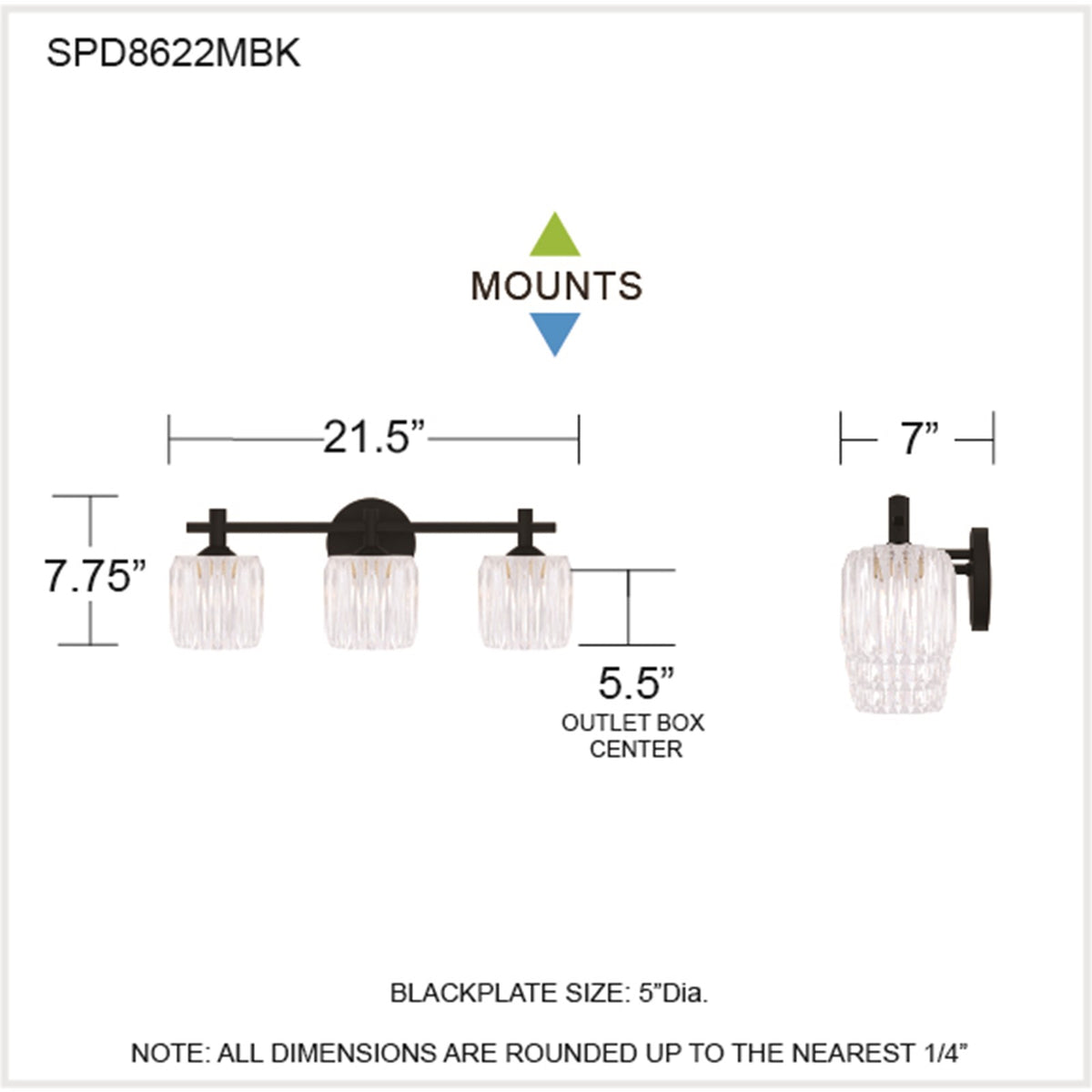 Quoizel Spade 22in 3-Light Vanity Light | Modern Matte Black and Clear Acrylic | Bathroom Vanity & Powder Room | 21.5 x 7 x 7.75 in | Model SPD8622MBK