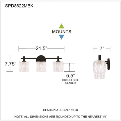 Quoizel Spade 22in 3-Light Vanity Light | Modern Matte Black and Clear Acrylic | Bathroom Vanity & Powder Room | 21.5 x 7 x 7.75 in | Model SPD8622MBK