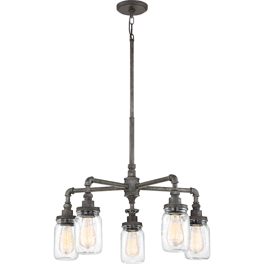 Quoizel Squire 26in 5-Light Chandelier | Industrial Rustic Black and Clear Glass | Dining Room & Foyer | 26 x 26 x 23 in | Model SQR5005RK