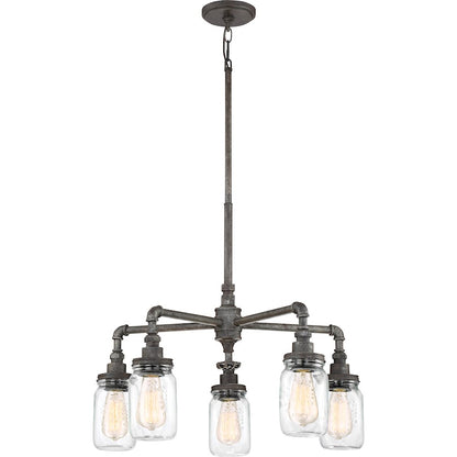 Quoizel Squire 26in 5-Light Chandelier | Industrial Rustic Black and Clear Glass | Dining Room & Foyer | 26 x 26 x 23 in | Model SQR5005RK