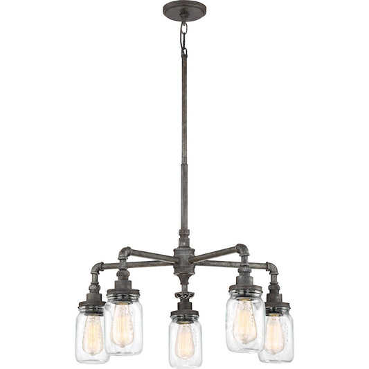 Quoizel Squire 26in 5-Light Chandelier | Industrial Rustic Black and Clear Glass | Dining Room & Foyer | 26 x 26 x 23 in | Model SQR5005RK