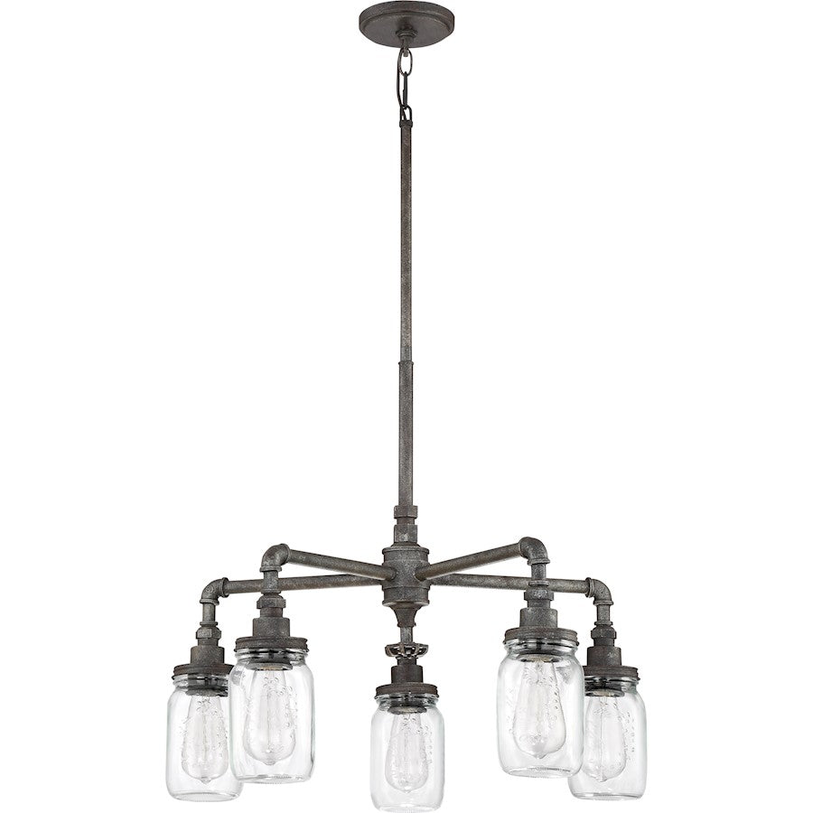 Quoizel Squire 26in 5-Light Chandelier | Industrial Rustic Black and Clear Glass | Dining Room & Foyer | 26 x 26 x 23 in | Model SQR5005RK