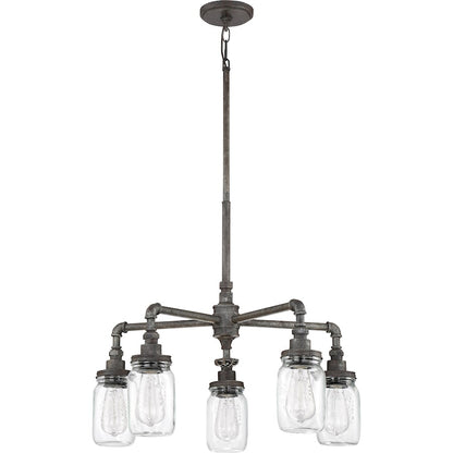 Quoizel Squire 26in 5-Light Chandelier | Industrial Rustic Black and Clear Glass | Dining Room & Foyer | 26 x 26 x 23 in | Model SQR5005RK