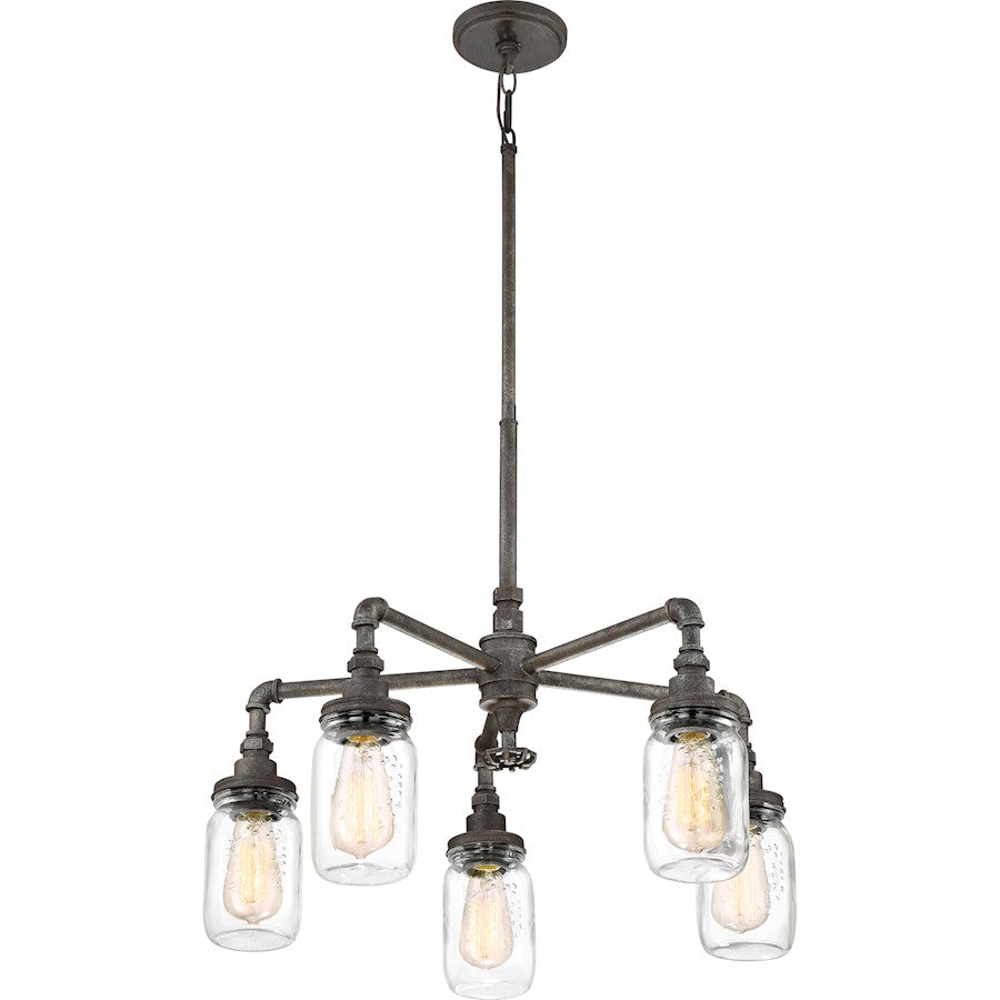 Quoizel Squire 26in 5-Light Chandelier | Industrial Rustic Black and Clear Glass | Dining Room & Foyer | 26 x 26 x 23 in | Model SQR5005RK
