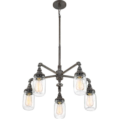 Quoizel Squire 26in 5-Light Chandelier | Industrial Rustic Black and Clear Glass | Dining Room & Foyer | 26 x 26 x 23 in | Model SQR5005RK