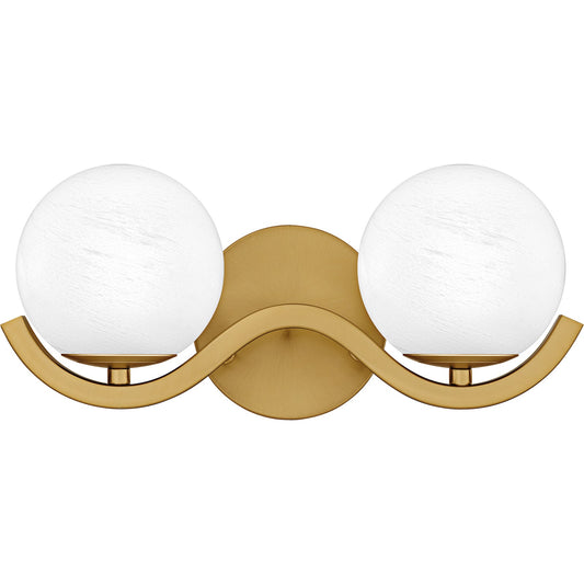 Quoizel Spherical 15in 2-Light Vanity Light | Modern Aged Brass and Cloud Glass | Bathroom Vanity | 14.5 x 6.5 x 6.5 in | Model SRI8615AB