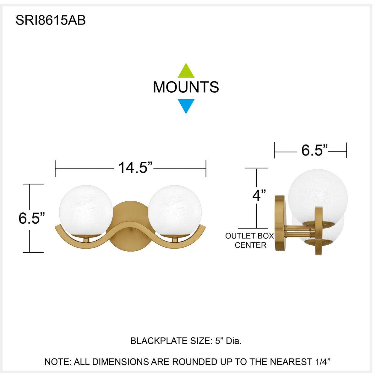 Quoizel Spherical 15in 2-Light Vanity Light | Modern Aged Brass and Cloud Glass | Bathroom Vanity | 14.5 x 6.5 x 6.5 in | Model SRI8615AB