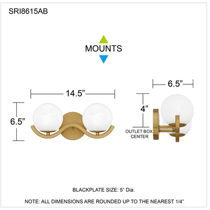 Quoizel Spherical 15in 2-Light Vanity Light | Modern Aged Brass and Cloud Glass | Bathroom Vanity | 14.5 x 6.5 x 6.5 in | Model SRI8615AB