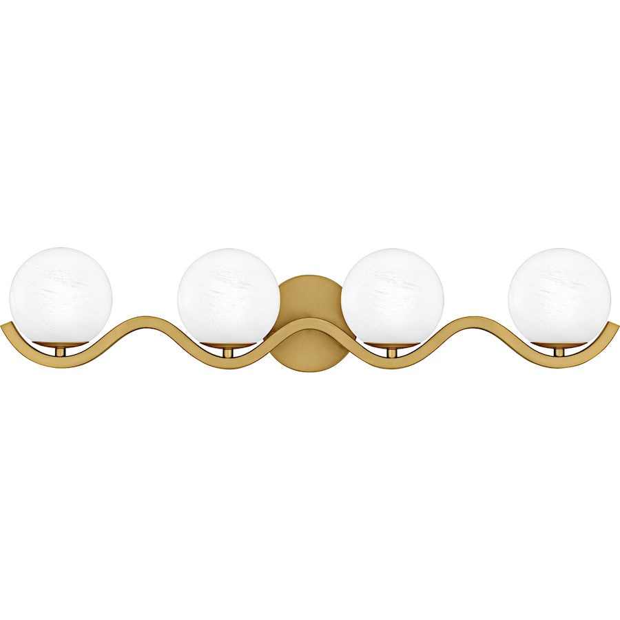 Quoizel Spherical 31in 4-Light Vanity Light | Modern Aged Brass and Cloud Glass | Bathroom Vanity | 30.75 x 6.5 x 6.5 in | Model SRI8631AB