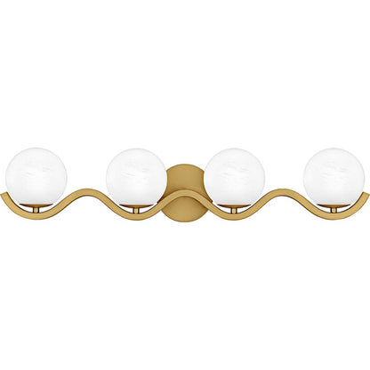 Quoizel Spherical 31in 4-Light Vanity Light | Modern Aged Brass and Cloud Glass | Bathroom Vanity | 30.75 x 6.5 x 6.5 in | Model SRI8631AB