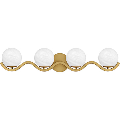 Quoizel Spherical 31in 4-Light Vanity Light | Modern Aged Brass and Cloud Glass | Bathroom Vanity | 30.75 x 6.5 x 6.5 in | Model SRI8631AB
