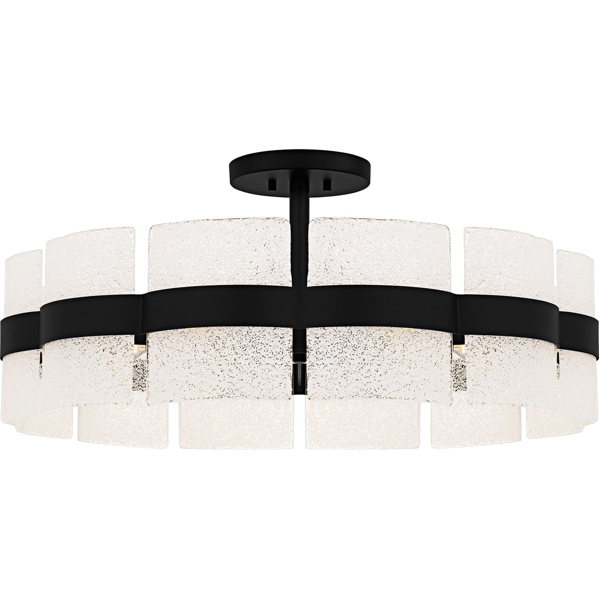 Quoizel Sweeney 30in 6-Light Semi-Flush Mount | Modern Matte Black and White Sand Glass | Bedroom & Hallway | 30 x 30 x 13 in | Model SWE1730MBK
